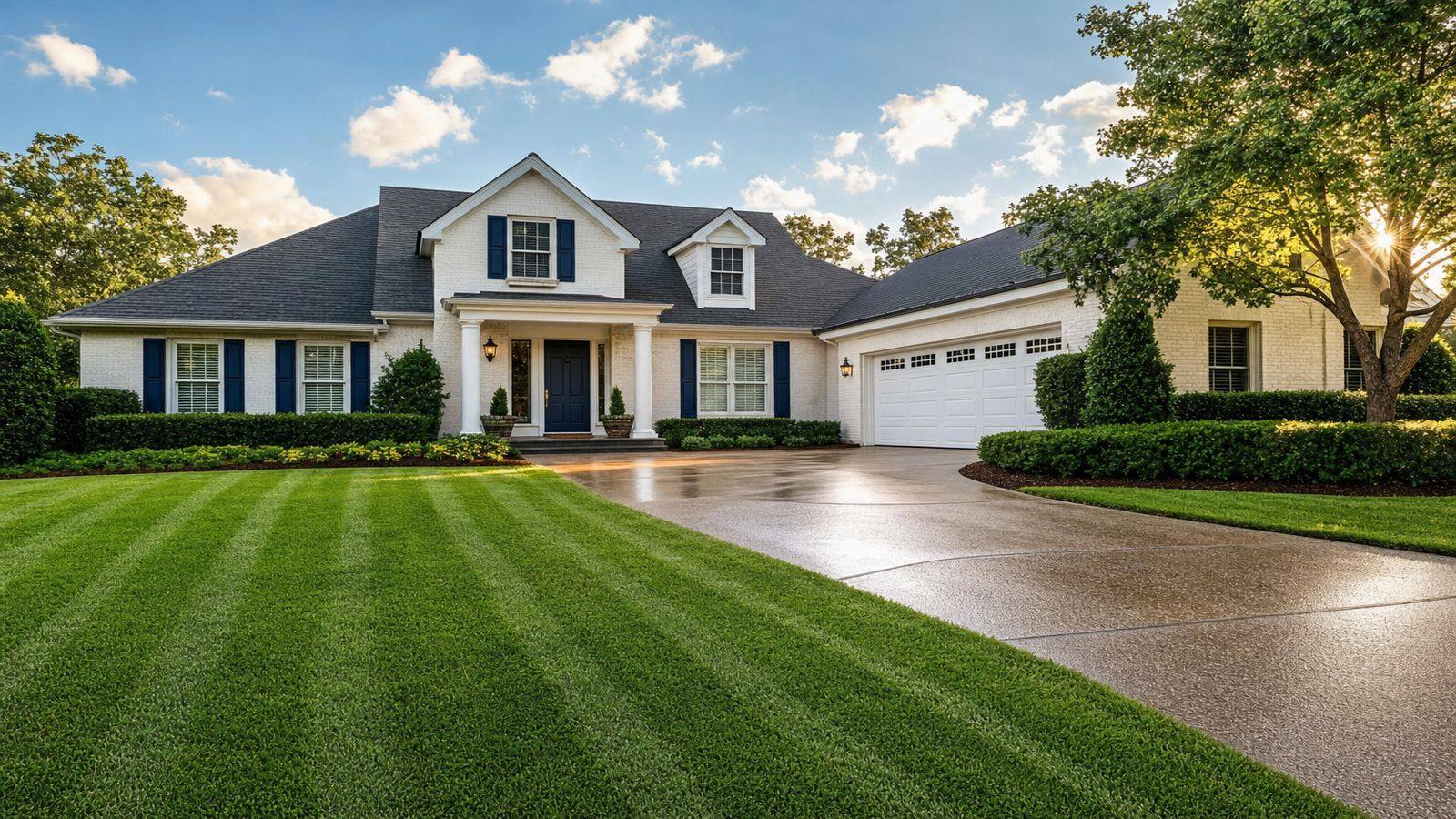 A well-maintained suburban home with a freshly mowed lawn and clean driveway