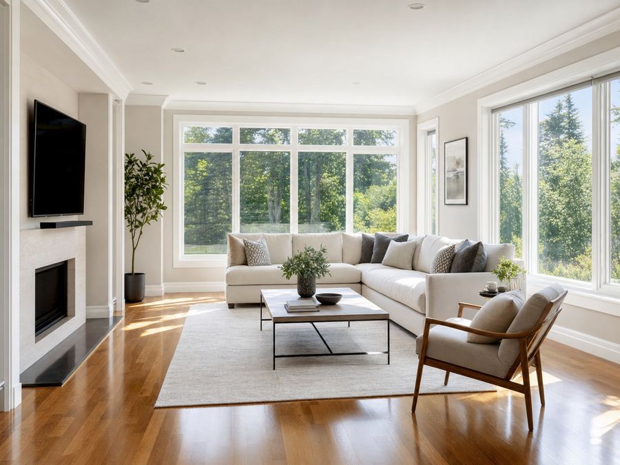 A bright, freshly cleaned living room with polished floors