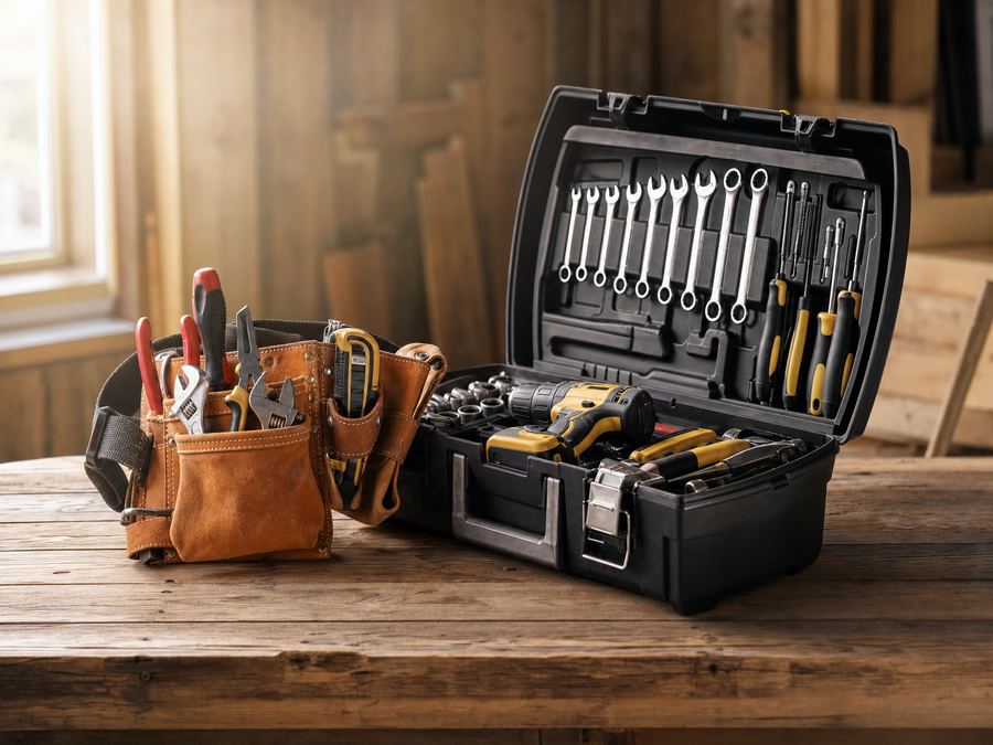 A well-organized handyman toolbox and tool belt with wrenches and a drill