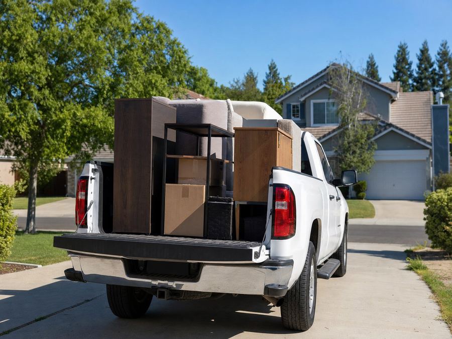 A truck loaded with furniture and boxes ready for junk removal