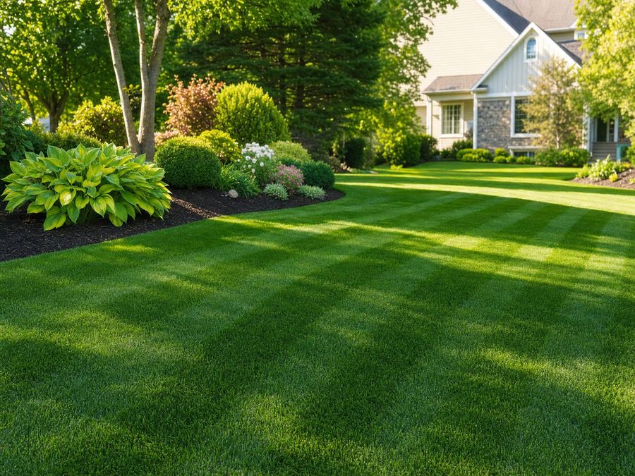 A neatly striped, freshly mowed lawn beside a landscaped garden bed