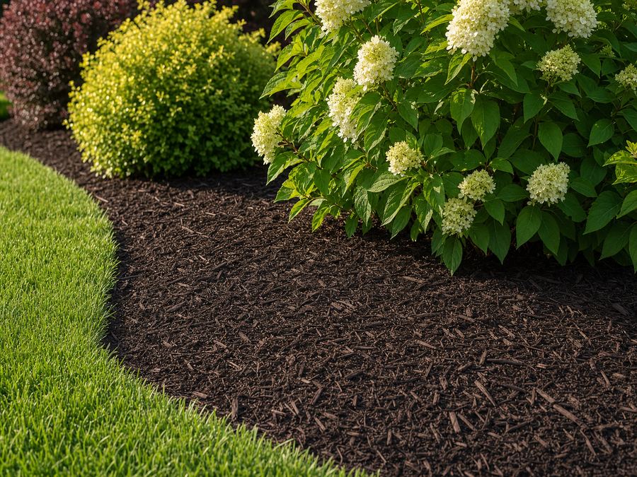 Fresh dark mulch neatly installed around flowering garden beds
